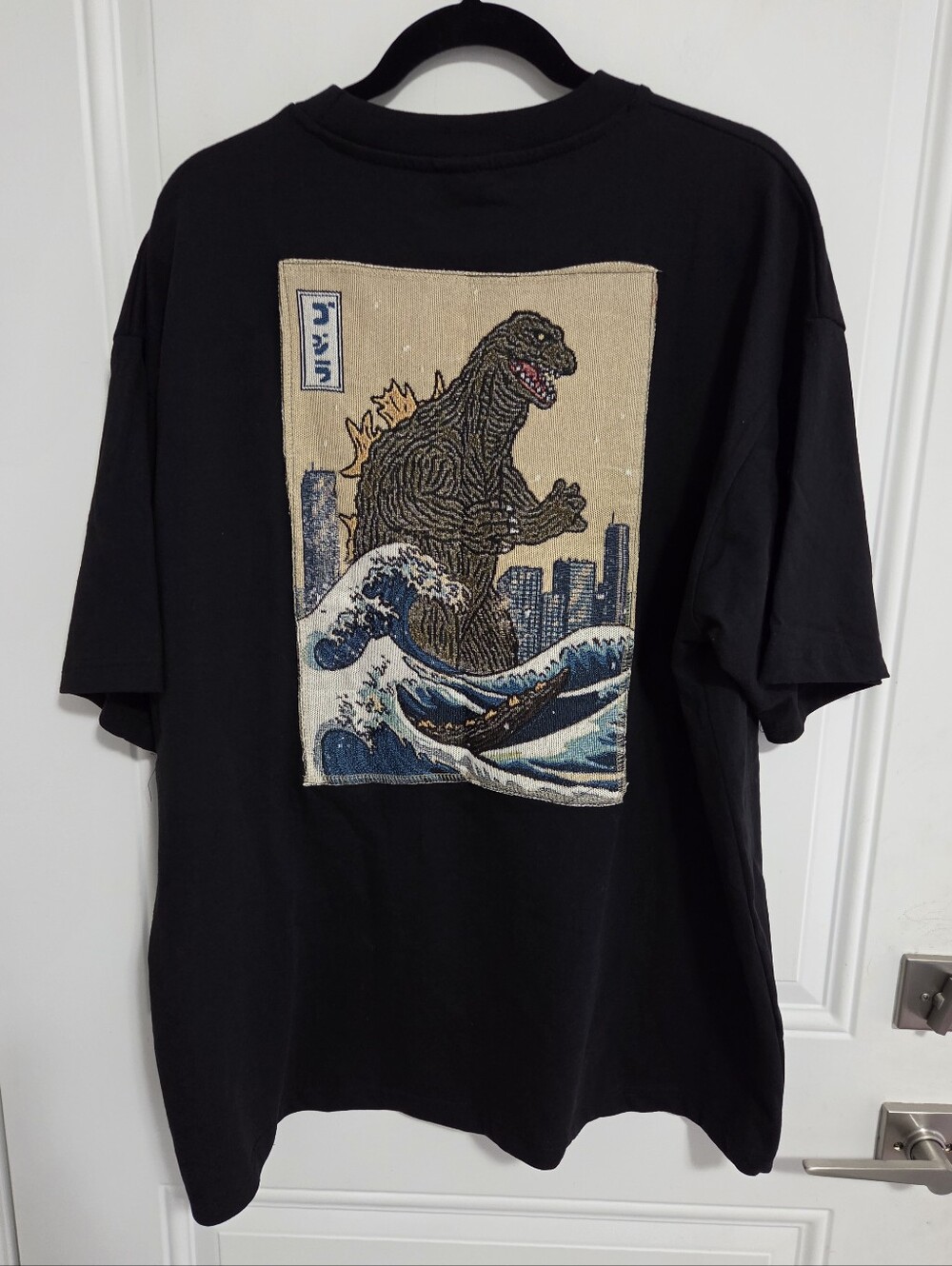 Toho Men's Godzilla Waves Embroidered Tapestry Short Sleeve Tee - Size XL